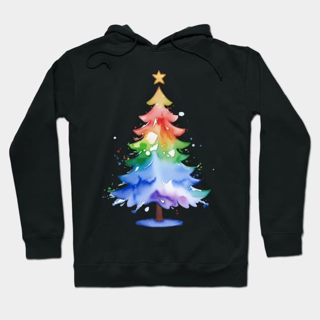 Gradient Watercolor Rainbow Christmas Tree Gay Pride T-Shirt Hoodie by Gold Dust Publishing